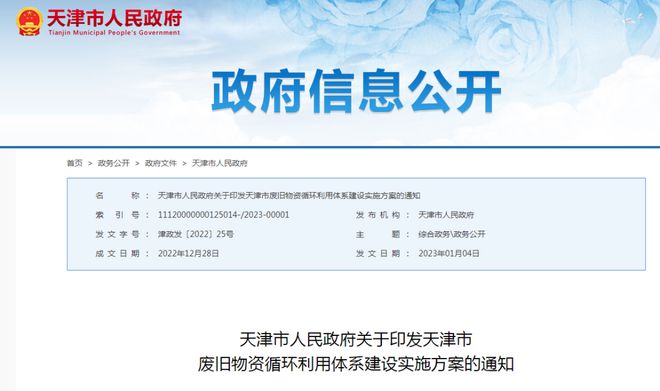 开云 开云体育平台建成再生资源回收网点1200个、10种主要再生资源循环利用能力达到800万吨以上！《天津市废旧物资循环利用体系建设实施方案》印发(图1)