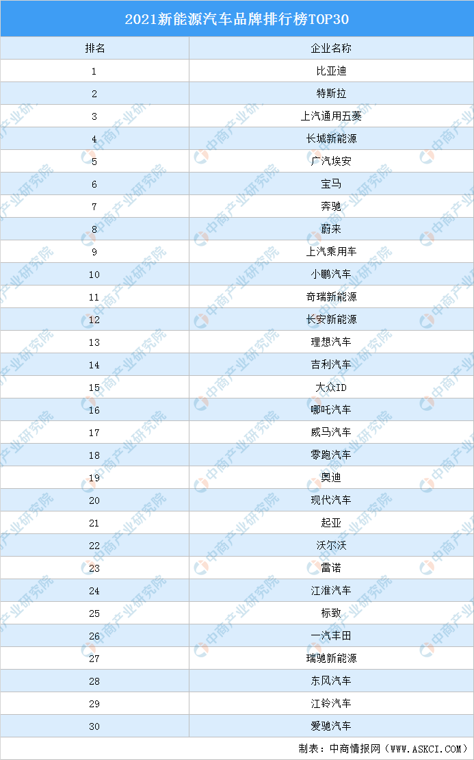 2021新能源汽车品牌排行榜TOP30（附榜单）开云体育 开云官网(图1)