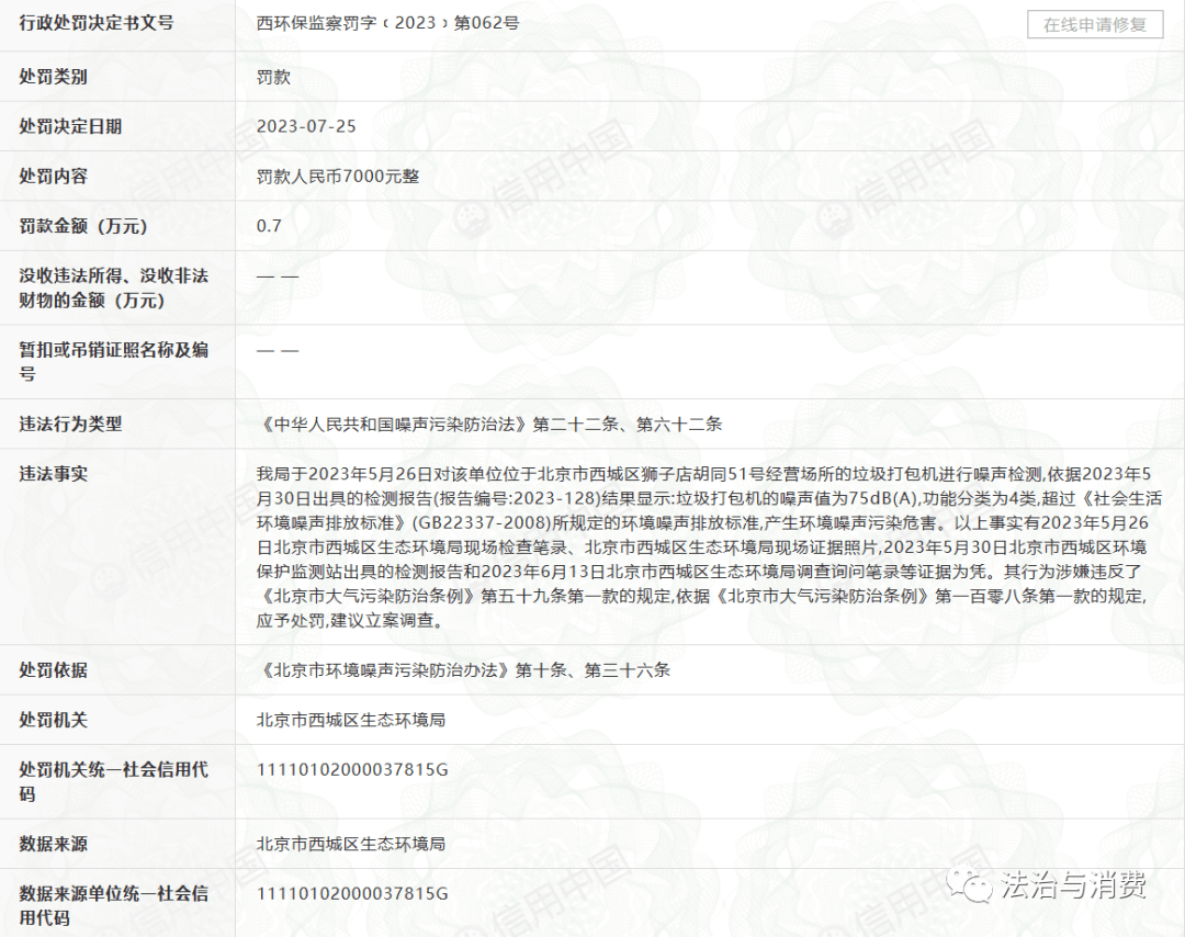 Kaiyun 开云体育中晟泽邦（北京）再生资源回收技术有限公司因空气及噪音污染两度被罚(图3)